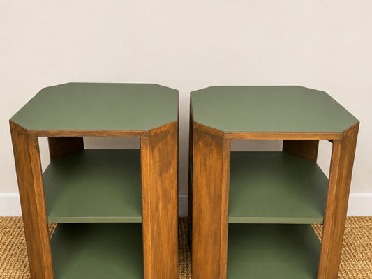 Pair Of Walnut Burr Art Deco Bedside Tables / Sofa End / Green Side Tables, Bedroom, Living Room Furniture