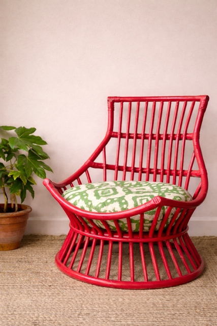 Vintage Bright Red Bamboo Chair, Reading Nook Chair, Occasional Chair, Rustic Boho Decor, Bright Colourful Painted Furniture, Maximalist, Japandi Decor