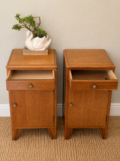 Pair Of Vintage Lebus Golden Oak Bedside Cabinets | Art Deco Bedside Cupboards | English Oak Bedside Storage