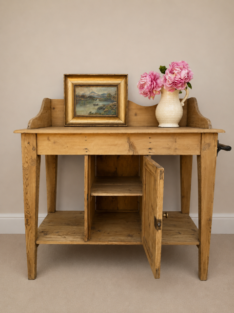 Antique Pine Washstand with Cupboard, Open Shelf & Towel Rail