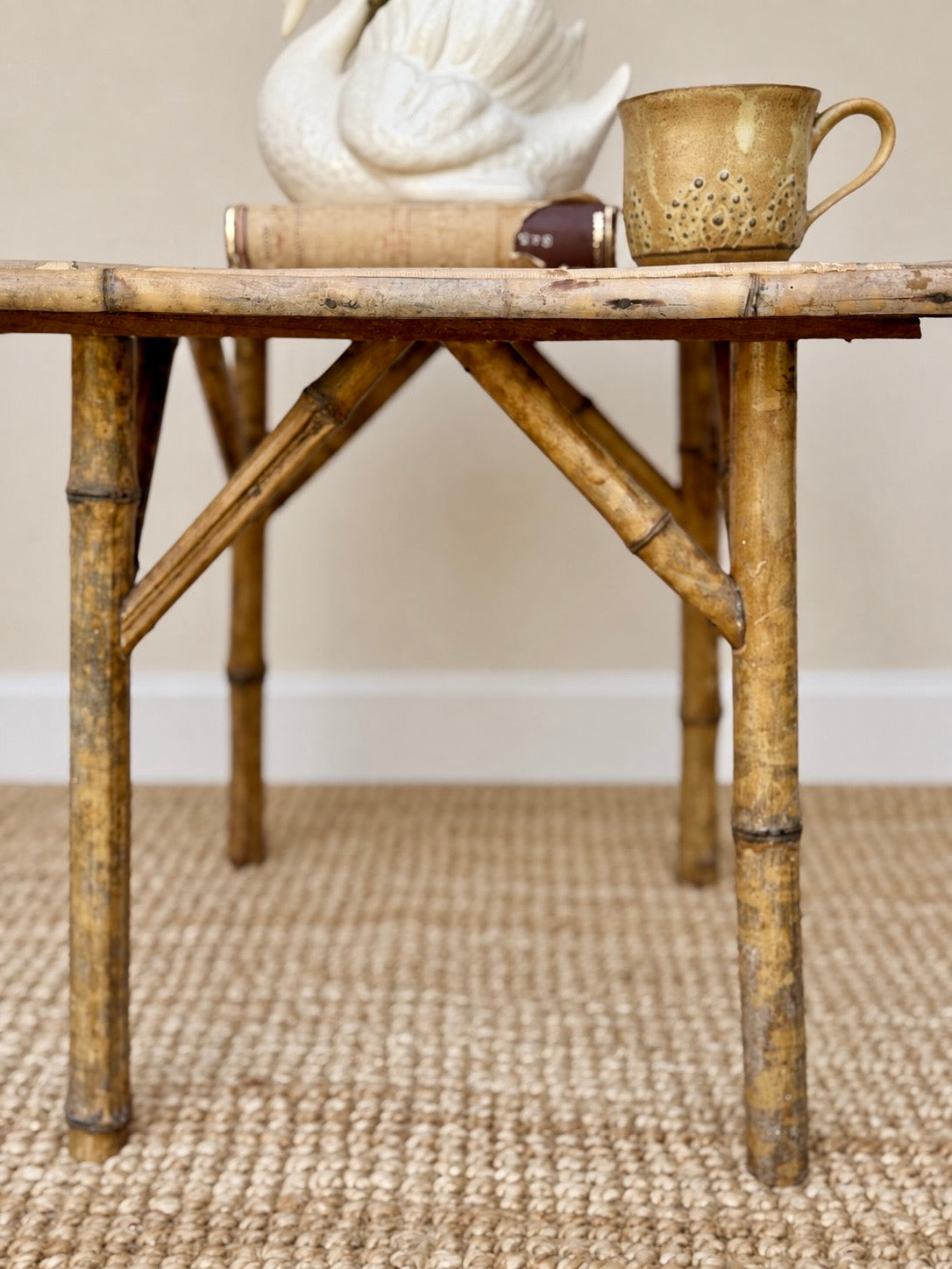 Vintage Tiger Bamboo Side Table With Woven Top