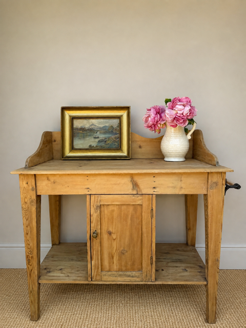 Antique Pine Washstand with Cupboard, Open Shelf & Towel Rail