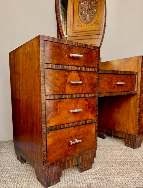 Art Deco Walnut Dressing Table with Oval Mirror