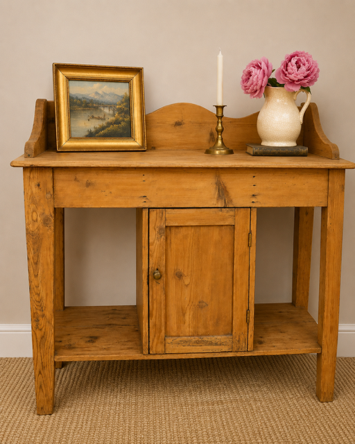 Antique Pine Washstand with Cupboard, Open Shelf & Towel Rail