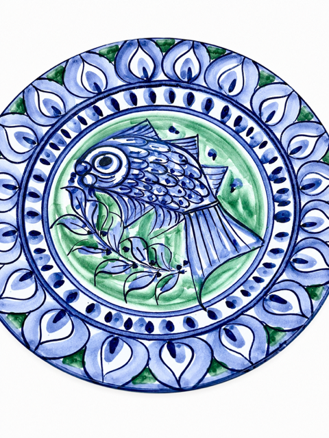 Hand Painted Vintage Mediterranean Fish Plate | 13.25'' Decorative Pottery | Wall Decor