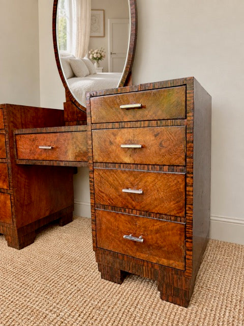 Art Deco Walnut Dressing Table with Oval Mirror
