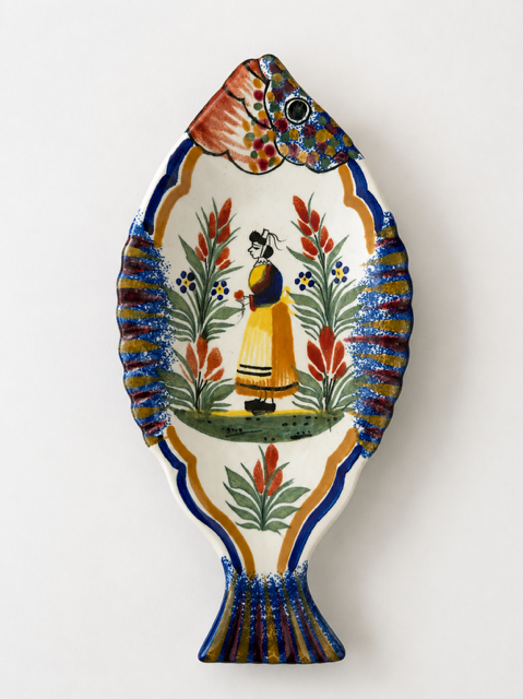 Vintage Quimper Pottery Fish Plate, Hand Painted French Faience Wall Hanging, Breton Woman Ceramic, Folk Art Wall Decor, Collectible Quimper Pottery