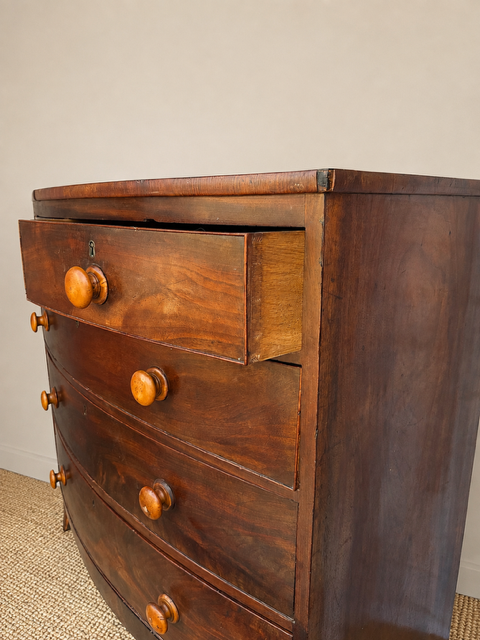 Antique mahogany chest of drawers showing drawer construction and interior   