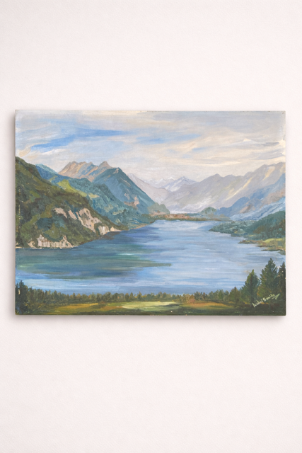 Vintage Scandinavian Fjord Landscape Oil Painting On Board, Signed Original Nordic Artwork