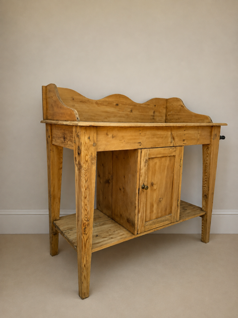 Antique Pine Washstand with Cupboard, Open Shelf & Towel Rail