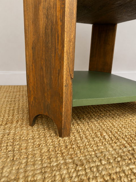 Vintage Art Deco Bedside Tables Pair | Walnut Veneer Nightstands | Olive Green Side Tables | 1930s End Table