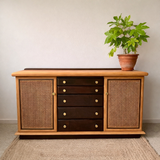 Vintage mid-century wooden sideboard with rattan doors and drawers