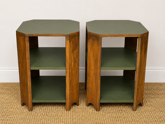 Pair Of Walnut Burr Art Deco Bedside Tables / Sofa End / Green Side Tables, Bedroom, Living Room Furniture
