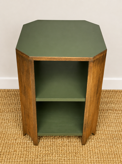 Vintage Art Deco Bedside Tables Pair | Walnut Veneer Nightstands | Olive Green Side Tables | 1930s End Table