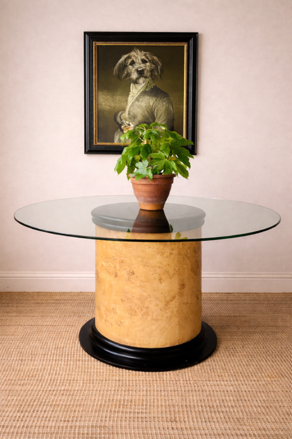 Mid Century Modern Style Pedestal Dining Table, 1970s Italian Glass Top Circular Table, Burr Wood Effect Hall Table, Statement Karl Springer Style Table
