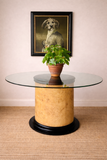 Mid Century Modern Style Pedestal Dining Table, 1970s Italian Glass Top Circular Table, Burr Wood Effect Hall Table, Statement Karl Springer Style Table