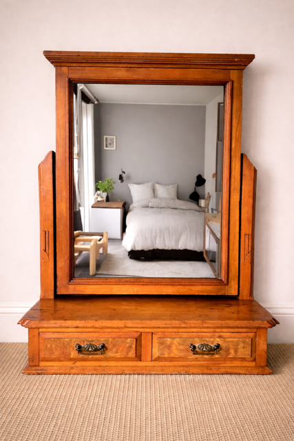 Antique Dressing Table Mirror, Toilet Mirror, Vintage Wooden Oval Table Top Tilt Mirror, On Stand, With Drawer, Country Home Decor