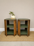 Vintage Art Deco Bedside Tables Pair | Walnut Veneer Nightstands | Olive Green Side Tables | 1930s End Table