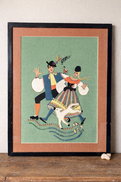 1930's Hungarian Folk Art Tapestry, Framed Embroidered Textile Artwork, Traditional Folk Dance Scene