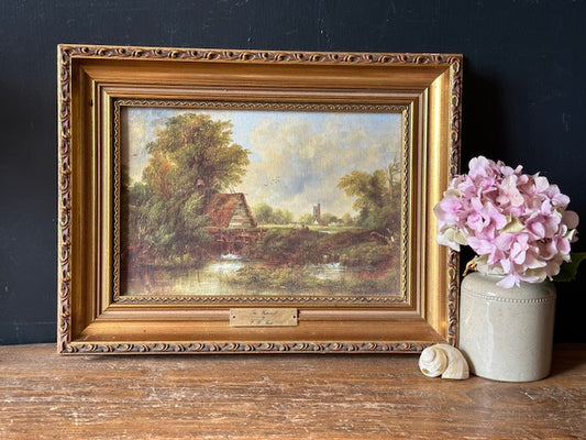 Vintage Countryside Oil Painting Style Print, Original Gold Framed Art, Quaint Rural Scene With Natural Brown And Green, Gallery Wall Decor