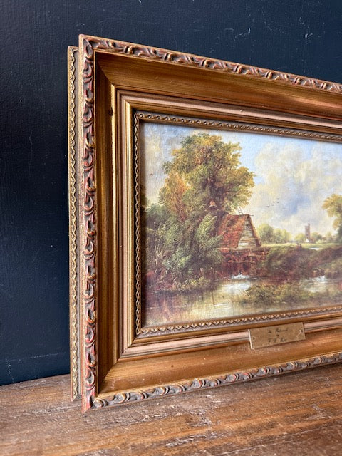 Vintage Countryside Oil Painting Style Print, Original Gold Framed Art, Quaint Rural Scene With Natural Brown And Green, Gallery Wall Decor