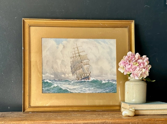 Vintage, Antique Oil Painting, Seascape, Sea, Ship, Nautical, Acrylic Painting, Original Art, Gold, Framed Art, Hanging, Gallery, Wall Art,