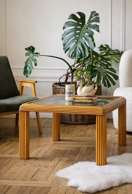 Vintage Faux Bamboo Coffee Table With Glass Top