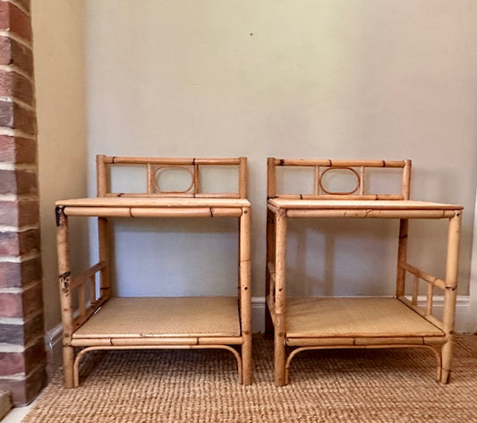 Pair Of Vintage Bamboo Bedside Tables, Mid Century, Cane, Rattan Tables, Without Drawers, Bedroom, Living Room Furniture, Boho, Scandi Home Decor