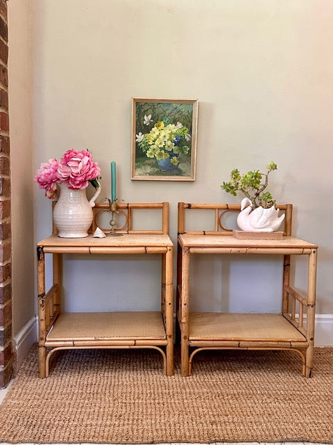 Pair Of Vintage Bamboo Bedside Tables, Mid Century, Cane, Rattan Tables, Without Drawers, Bedroom, Living Room Furniture, Boho, Scandi Home Decor