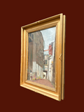 Vintage Street Scene Oil Painting On Wood, Original Gold Framed Art, Quaint City Scene With Natural Brown And Green, Gallery Wall Decor