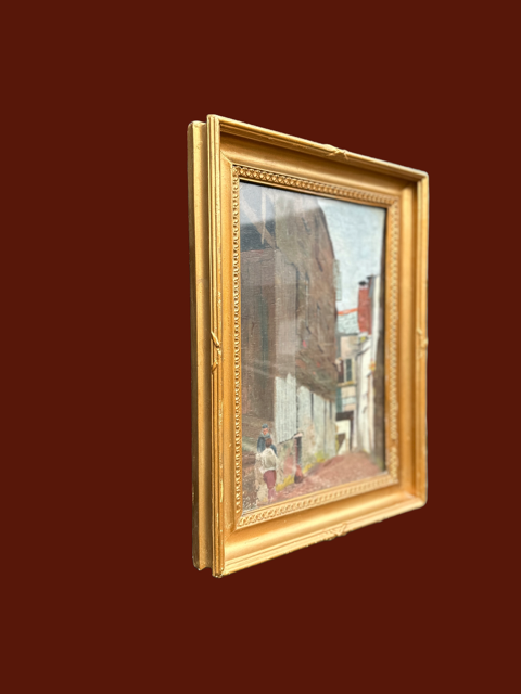 Vintage Street Scene Oil Painting On Wood, Original Gold Framed Art, Quaint City Scene With Natural Brown And Green, Gallery Wall Decor