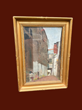 Vintage Street Scene Oil Painting On Wood, Original Gold Framed Art, Quaint City Scene With Natural Brown And Green, Gallery Wall Decor