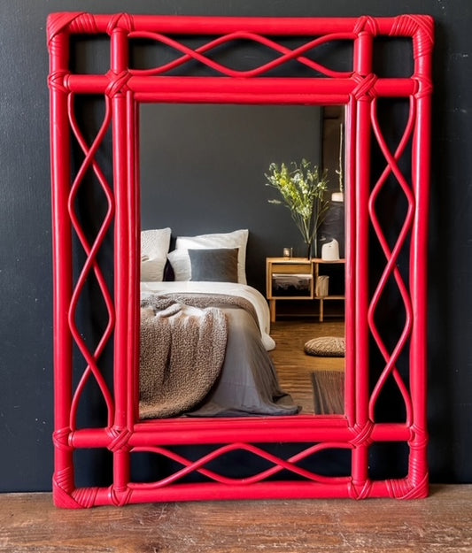 Vintage Red Bamboo Rectangular Wall Hanging Mirror, Cane Bathroom, Childs Bedroom, Hall Mirror, Bright Home Decor, Japandi, Maximalist Decor