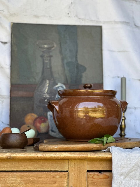 Large Vintage Glazed Stoneware Pot With Lid | Country Style Kitchen
