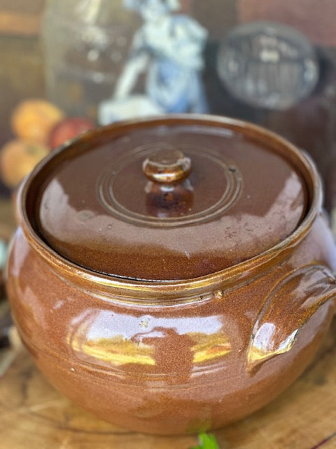 Large Vintage Glazed Stoneware Pot With Lid | Country Style Kitchen