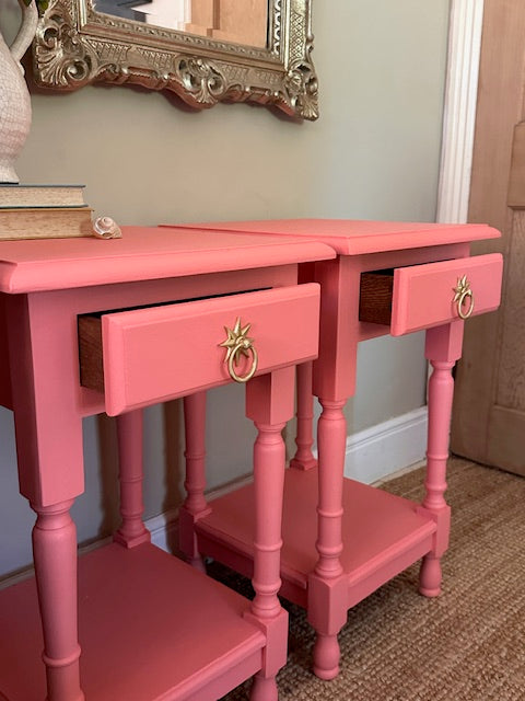 Vintage Wooden Coral Bedside Tables ,Pair Of Matching Tall Nightstands, With Drawers, Bold Colourful, Bedroom Furniture, Maximalist Decor