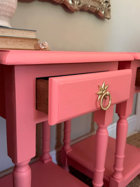 Vintage Wooden Coral Bedside Tables ,Pair Of Matching Tall Nightstands, With Drawers, Bold Colourful, Bedroom Furniture, Maximalist Decor