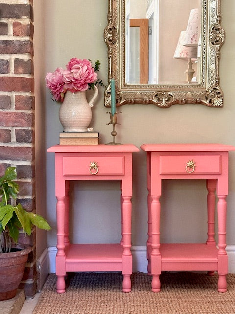 Vintage Wooden Coral Bedside Tables ,Pair Of Matching Tall Nightstands, With Drawers, Bold Colourful, Bedroom Furniture, Maximalist Decor