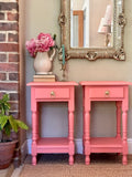 Vintage Wooden Coral Bedside Tables ,Pair Of Matching Tall Nightstands, With Drawers, Bold Colourful, Bedroom Furniture, Maximalist Decor