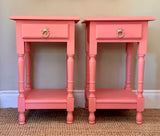 Vintage Wooden Coral Bedside Tables ,Pair Of Matching Tall Nightstands, With Drawers, Bold Colourful, Bedroom Furniture, Maximalist Decor