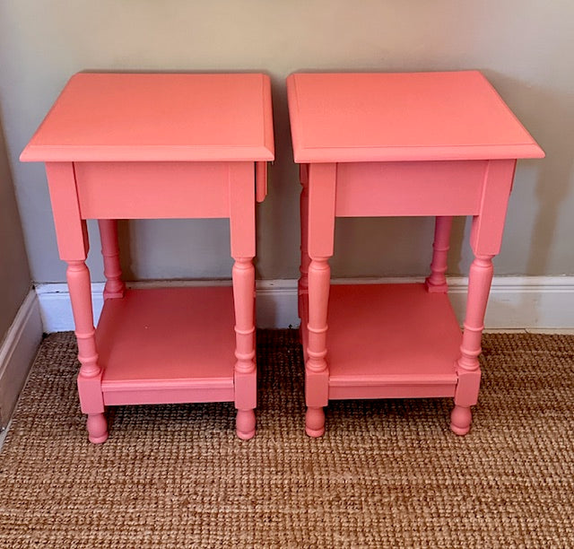 Vintage Wooden Coral Bedside Tables ,Pair Of Matching Tall Nightstands, With Drawers, Bold Colourful, Bedroom Furniture, Maximalist Decor