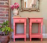 Vintage Wooden Coral Bedside Tables ,Pair Of Matching Tall Nightstands, With Drawers, Bold Colourful, Bedroom Furniture, Maximalist Decor