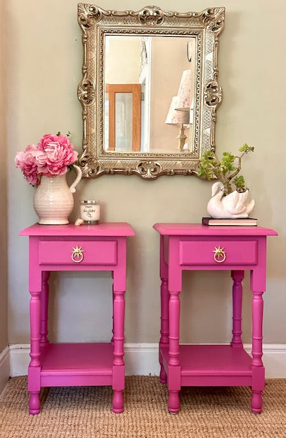 Vintage Bright Pink Pair Of Tall Nightstands, Bedside Tables, With Drawers, Wooden Painted, Bold Bright, Colourful Decor, Bedroom Furniture, Sofa End Tables, Maximalist Decor