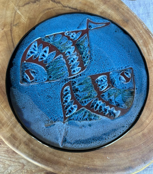 Vintage Hand Painted Ceramic Fish Plates, Pair Of Decorative Blue Art Pottery Dishes, Mid Century Home Decor