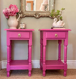 Vintage Bright Pink Pair Of Tall Nightstands, Bedside Tables, With Drawers, Wooden Painted, Bold Bright, Colourful Decor, Bedroom Furniture, Sofa End Tables, Maximalist Decor