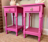 Vintage Bright Pink Pair Of Tall Nightstands, Bedside Tables, With Drawers, Wooden Painted, Bold Bright, Colourful Decor, Bedroom Furniture, Sofa End Tables, Maximalist Decor