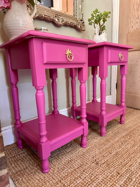 Vintage Bright Pink Pair Of Tall Nightstands, Bedside Tables, With Drawers, Wooden Painted, Bold Bright, Colourful Decor, Bedroom Furniture, Sofa End Tables, Maximalist Decor
