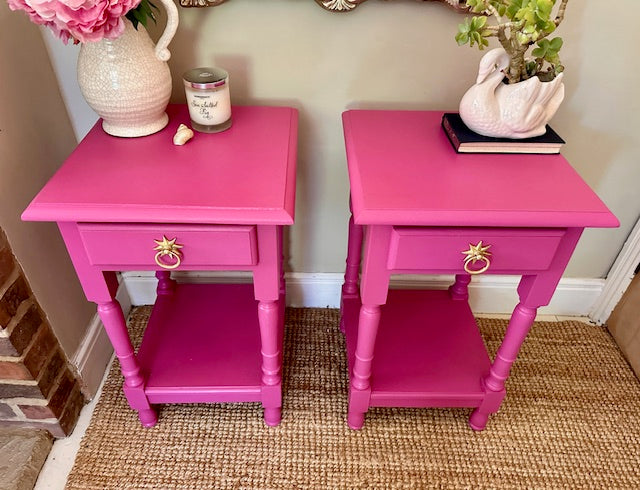 Vintage Bright Pink Pair Of Tall Nightstands, Bedside Tables, With Drawers, Wooden Painted, Bold Bright, Colourful Decor, Bedroom Furniture, Sofa End Tables, Maximalist Decor