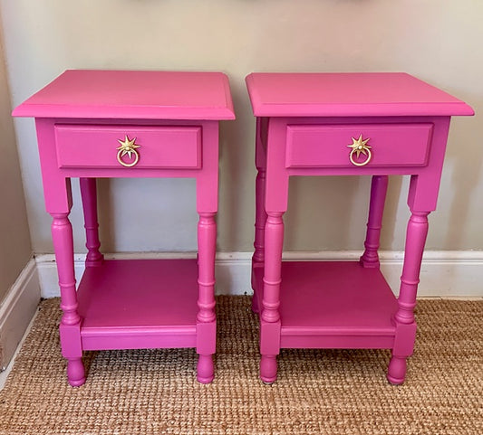 Vintage Bright Pink Pair Of Tall Nightstands, Bedside Tables, With Drawers, Wooden Painted, Bold Bright, Colourful Decor, Bedroom Furniture, Sofa End Tables, Maximalist Decor