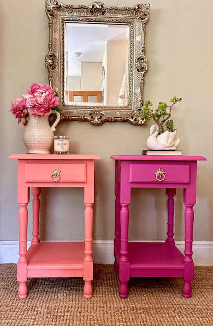 Vintage Bright Pink Pair Of Tall Nightstands, Bedside Tables, With Drawers, Wooden Painted, Bold Bright, Colourful Decor, Bedroom Furniture, Sofa End Tables, Maximalist Decor